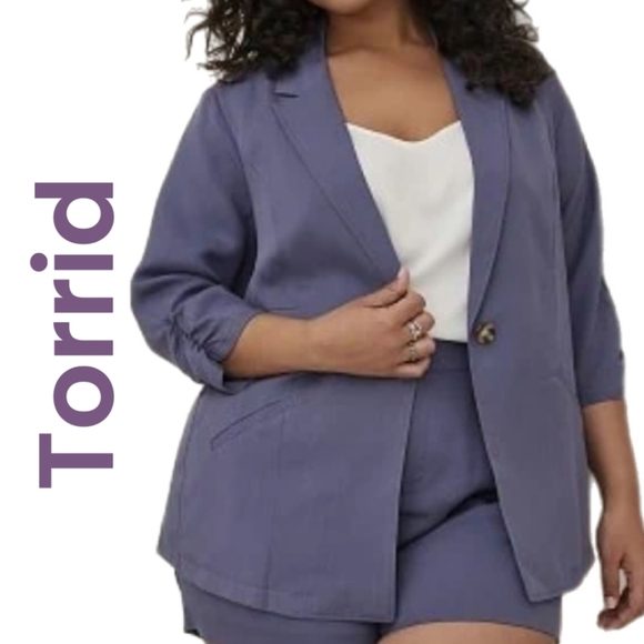 Torrid Womens Night Shade Blue Lyocell & Linen Blend Blazer Sz 4X Ruched Sleeves - Picture 1 of 16